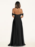 KissDress-Breona Black A Line Chiffon Off the Shoulder Twisted Long Bridesmaid Dress