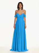 KissDress-Breona Blue Jay A Line Chiffon Off the Shoulder Twisted Long Bridesmaid Dress