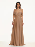KissDress-Breona Bronzer A Line Chiffon Off the Shoulder Twisted Long Bridesmaid Dress