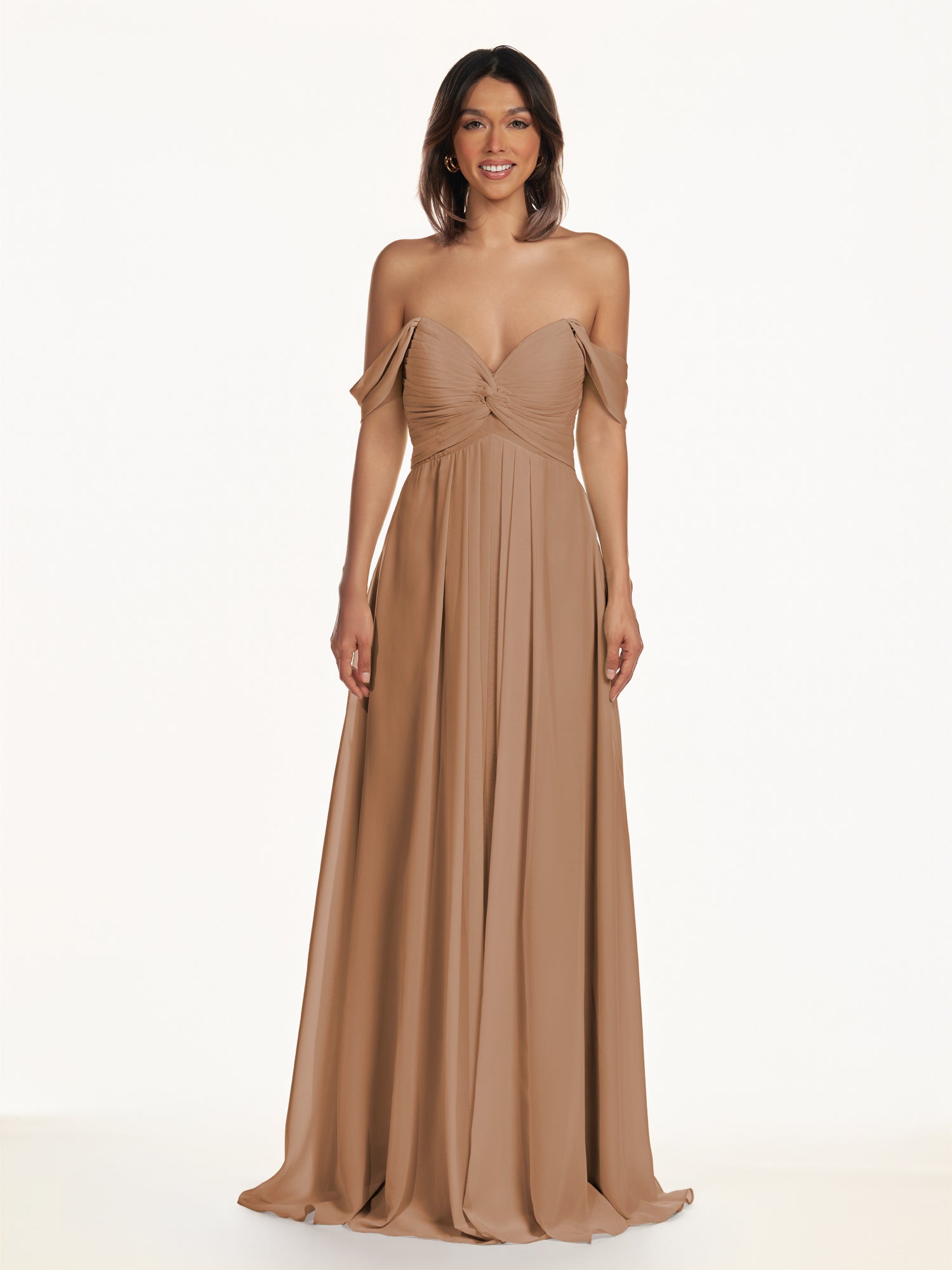 KissDress-Breona Bronzer A Line Chiffon Off the Shoulder Twisted Long Bridesmaid Dress