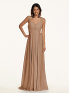 KissDress-Breona Bronzer A Line Chiffon Off the Shoulder Twisted Long Bridesmaid Dress