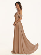 KissDress-Breona Bronzer A Line Chiffon Off the Shoulder Twisted Long Bridesmaid Dress