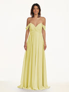KissDress-Breona Buttercup A Line Chiffon Off the Shoulder Twisted Long Bridesmaid Dress