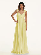 KissDress-Breona Buttercup A Line Chiffon Off the Shoulder Twisted Long Bridesmaid Dress