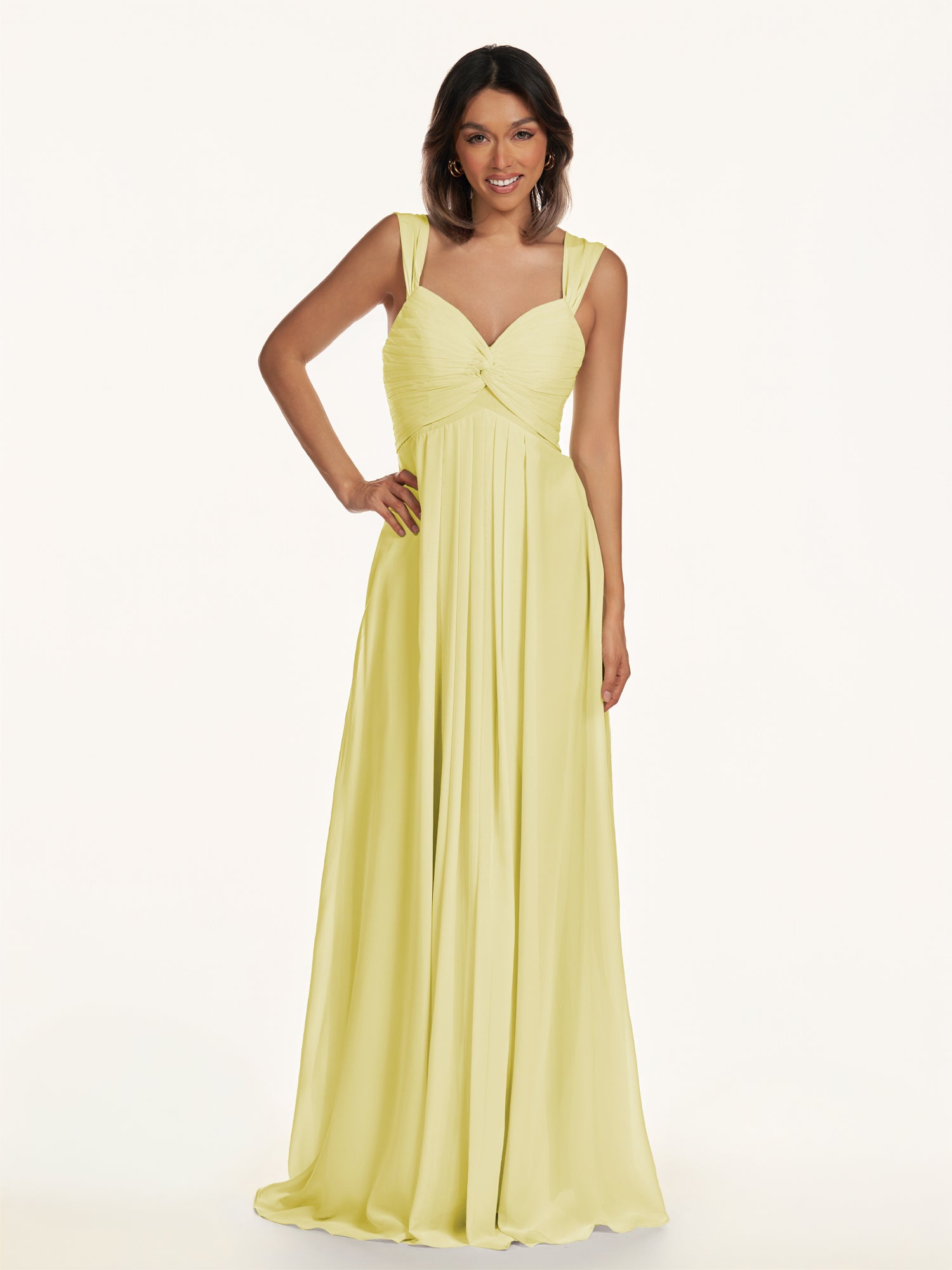 KissDress-Breona Buttercup A Line Chiffon Off the Shoulder Twisted Long Bridesmaid Dress