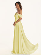 KissDress-Breona Buttercup A Line Chiffon Off the Shoulder Twisted Long Bridesmaid Dress