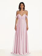 KissDress-Breona Candy Pink A Line Chiffon Off the Shoulder Twisted Long Bridesmaid Dress