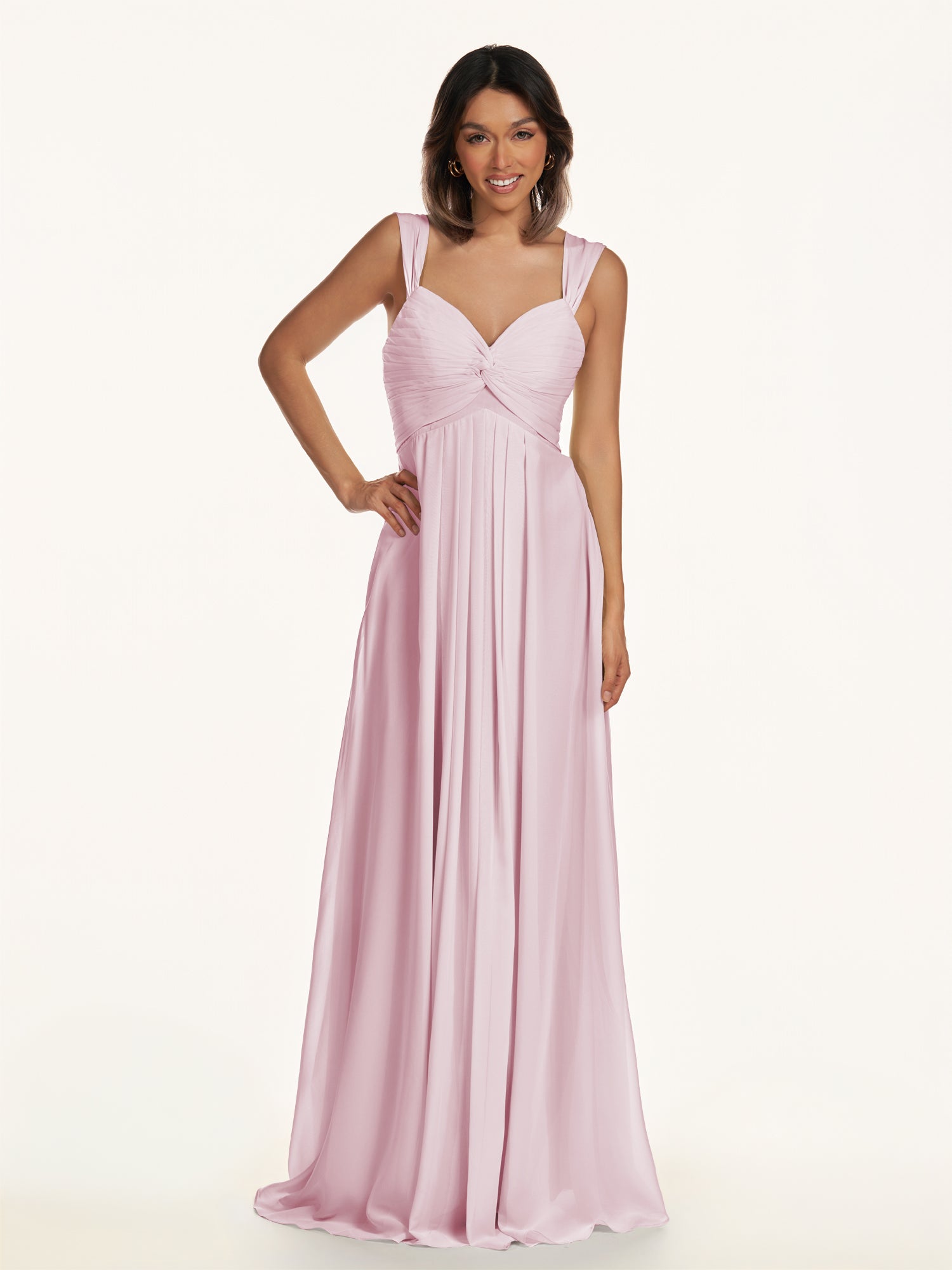 KissDress-Breona Candy Pink A Line Chiffon Off the Shoulder Twisted Long Bridesmaid Dress