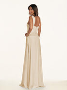 KissDress-Breona Champagne A Line Chiffon Off the Shoulder Twisted Long Bridesmaid Dress