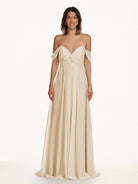 KissDress-Breona Champagne A Line Chiffon Off the Shoulder Twisted Long Bridesmaid Dress