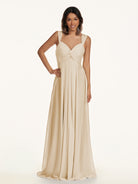KissDress-Breona Champagne A Line Chiffon Off the Shoulder Twisted Long Bridesmaid Dress