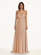KissDress-Breona Champagne Rose A Line Chiffon Off the Shoulder Twisted Long Bridesmaid Dress