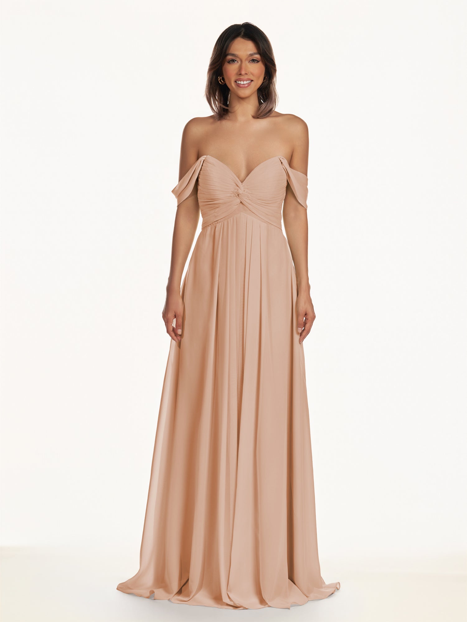 KissDress-Breona Champagne Rose A Line Chiffon Off the Shoulder Twisted Long Bridesmaid Dress