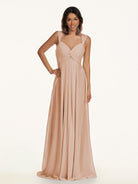 KissDress-Breona Champagne Rose A Line Chiffon Off the Shoulder Twisted Long Bridesmaid Dress