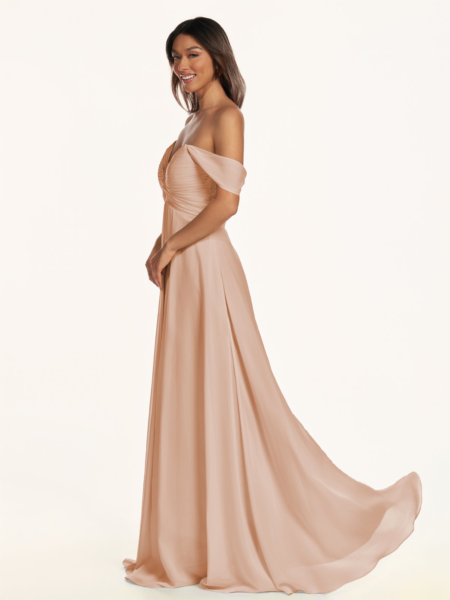 KissDress-Breona Champagne Rose A Line Chiffon Off the Shoulder Twisted Long Bridesmaid Dress