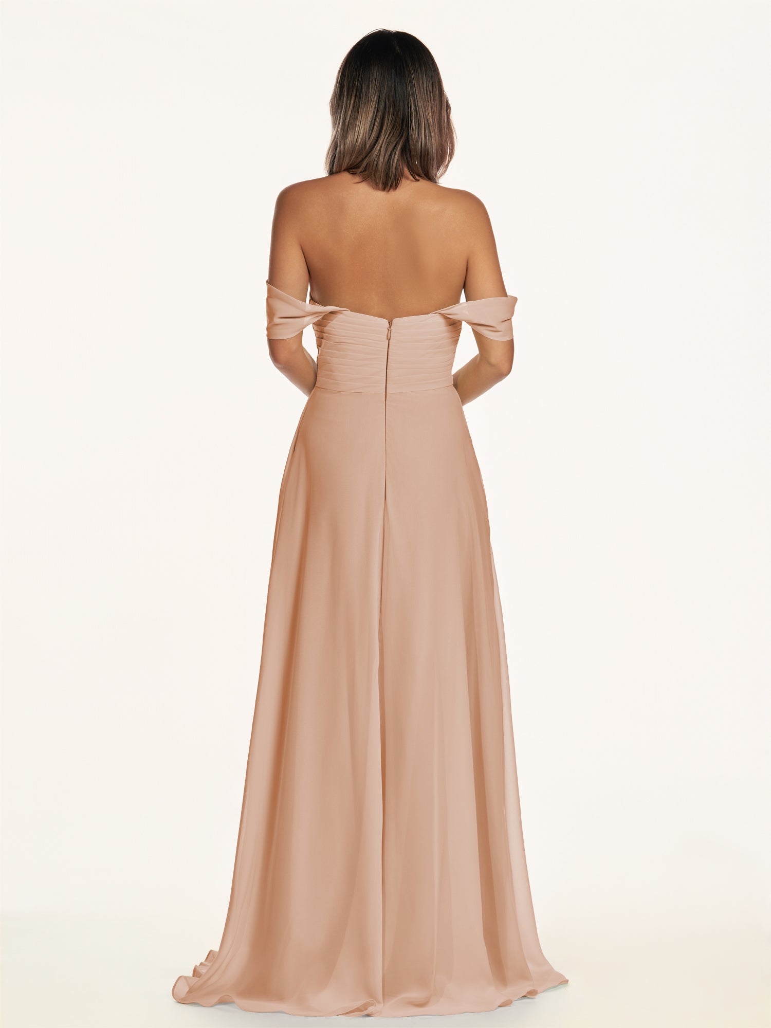 KissDress-Breona Champagne Rose A Line Chiffon Off the Shoulder Twisted Long Bridesmaid Dress