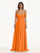 KissDress-Breona Cinnamon A Line Chiffon Off the Shoulder Twisted Long Bridesmaid Dress