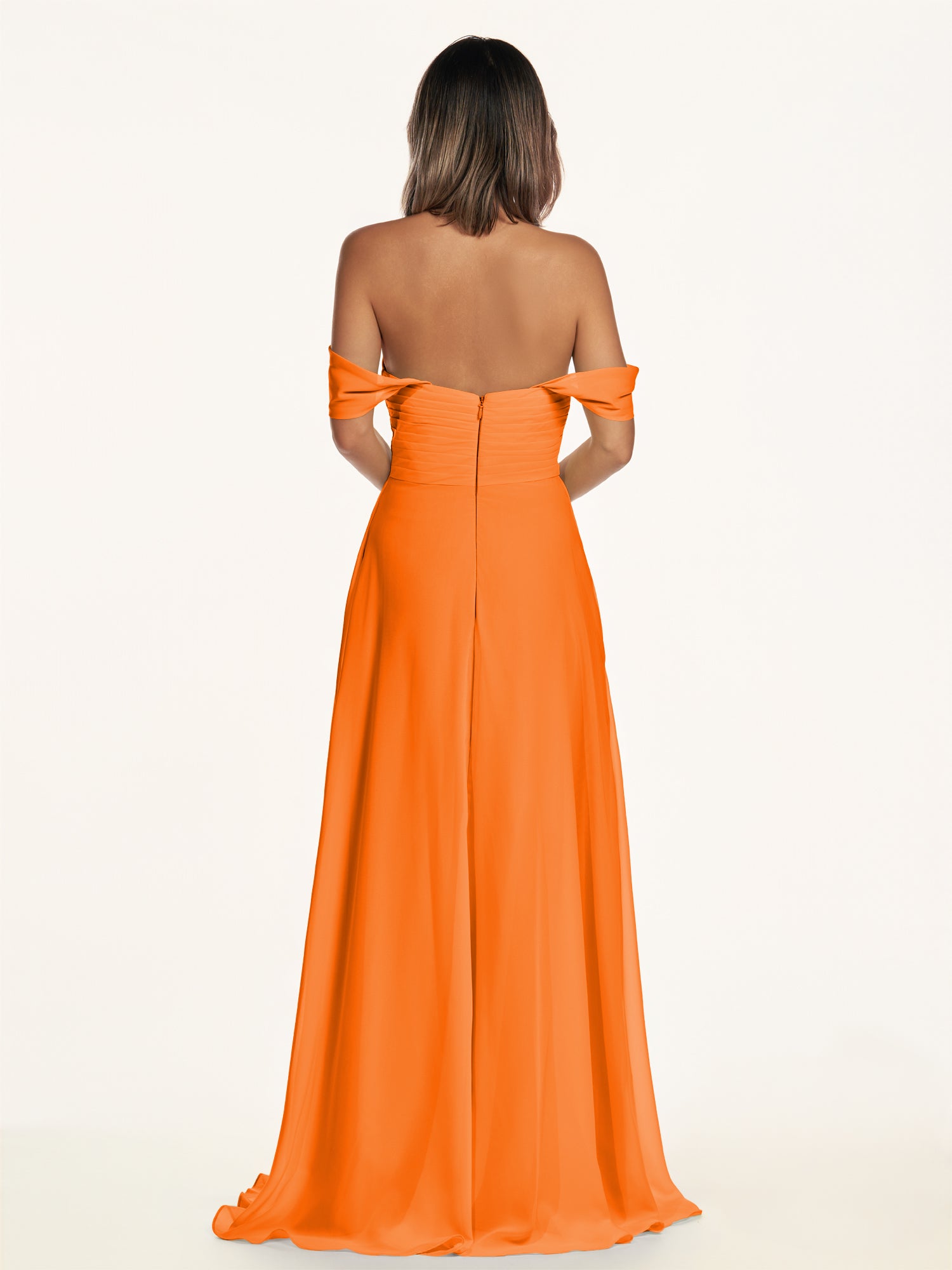 KissDress-Breona Cinnamon A Line Chiffon Off the Shoulder Twisted Long Bridesmaid Dress