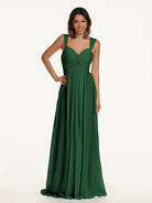 KissDress-Breona Dark Green A Line Chiffon Off the Shoulder Twisted Long Bridesmaid Dress