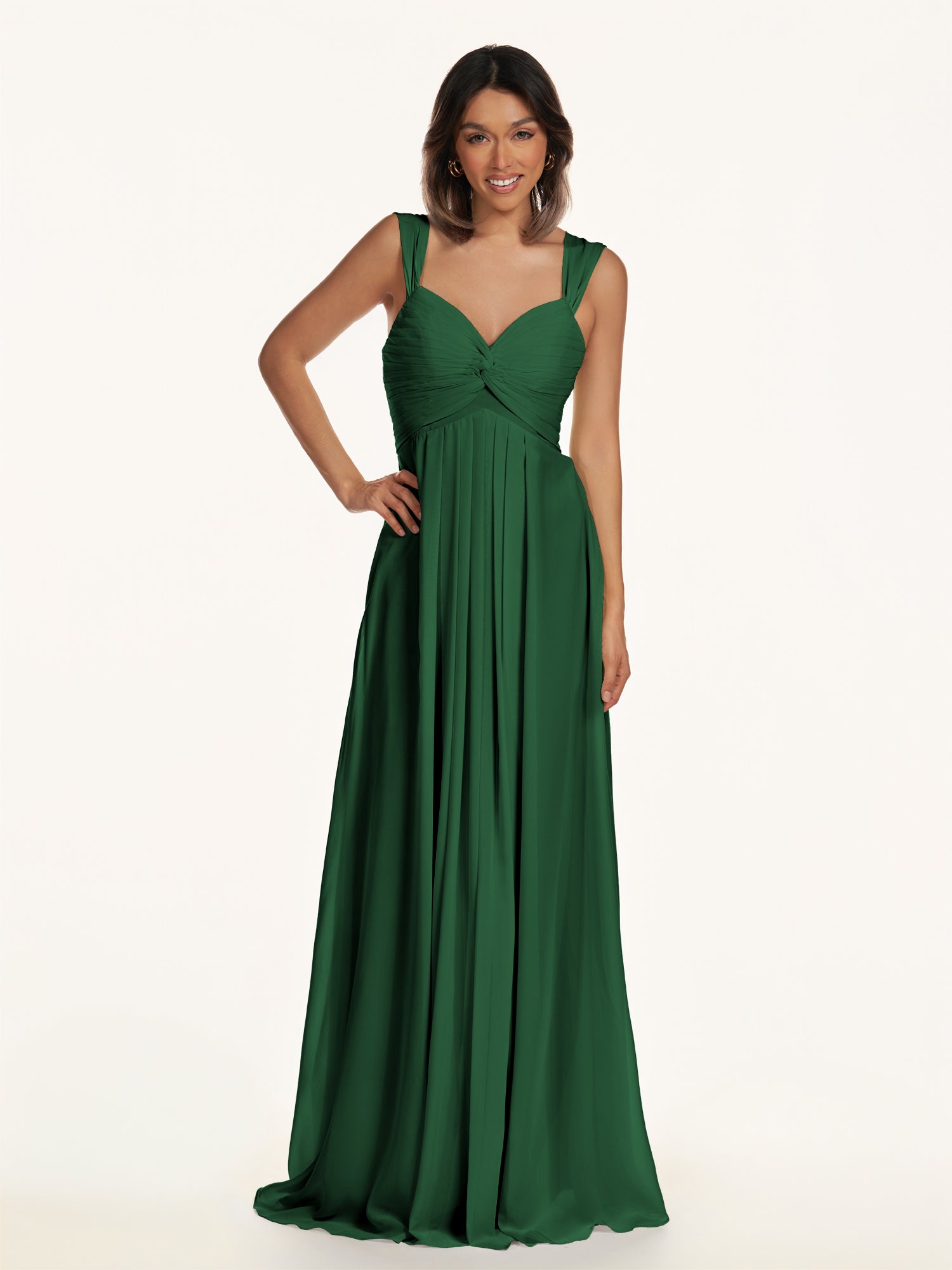 KissDress-Breona Dark Green A Line Chiffon Off the Shoulder Twisted Long Bridesmaid Dress
