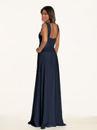 KissDress-Breona Dark Navy A Line Chiffon Off the Shoulder Twisted Long Bridesmaid Dress