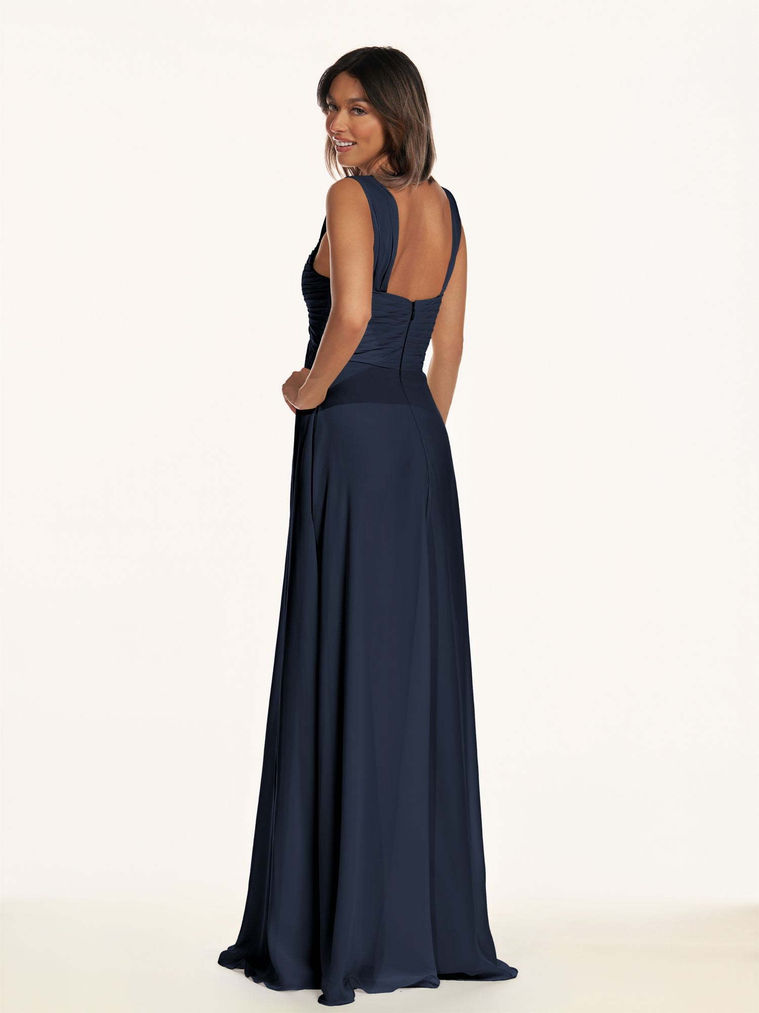KissDress-Breona Dark Navy A Line Chiffon Off the Shoulder Twisted Long Bridesmaid Dress
