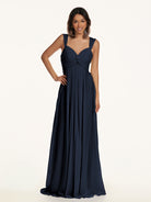 KissDress-Breona Dark Navy A Line Chiffon Off the Shoulder Twisted Long Bridesmaid Dress