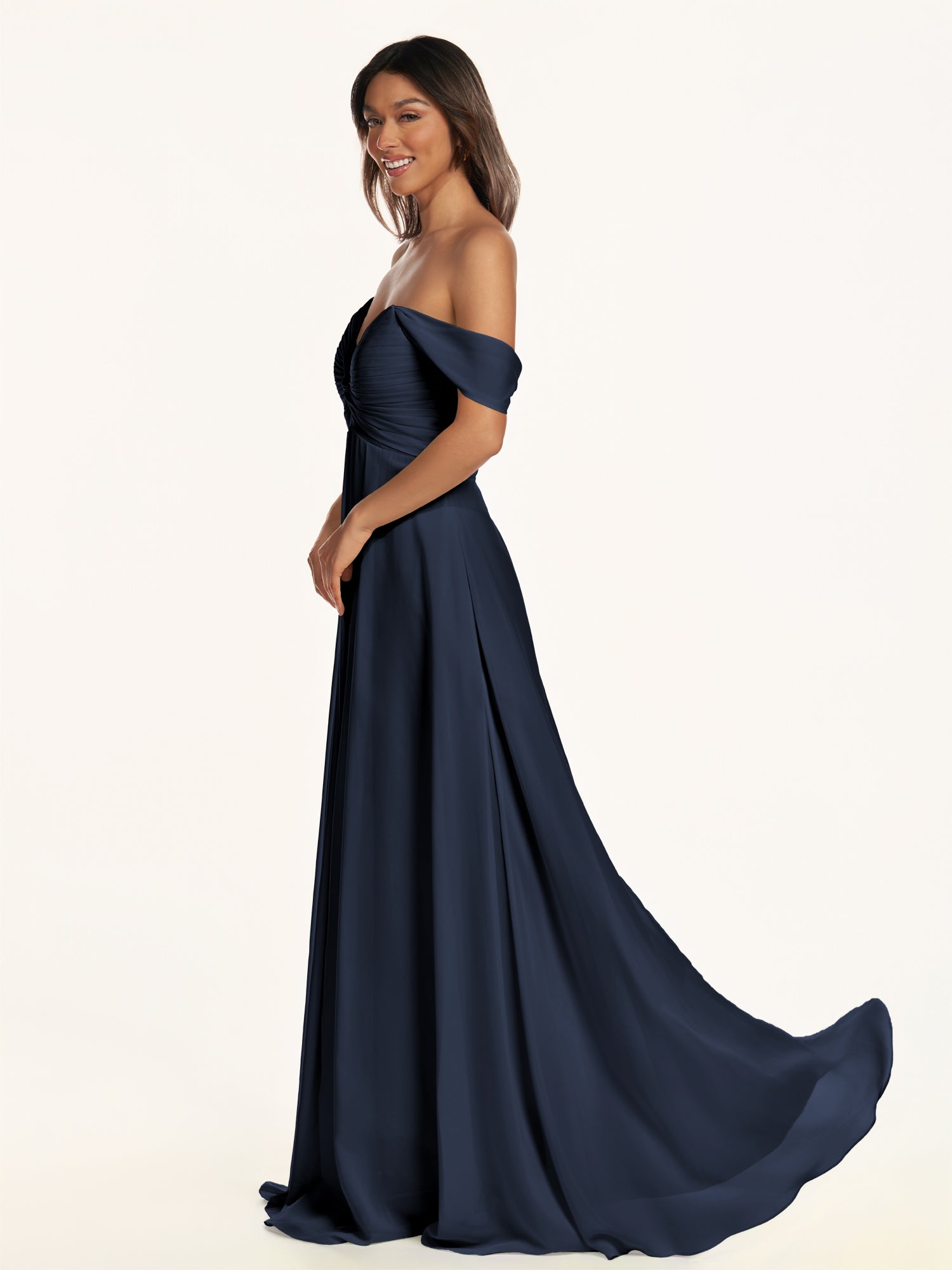 KissDress-Breona Dark Navy A Line Chiffon Off the Shoulder Twisted Long Bridesmaid Dress