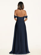 KissDress-Breona Dark Navy A Line Chiffon Off the Shoulder Twisted Long Bridesmaid Dress