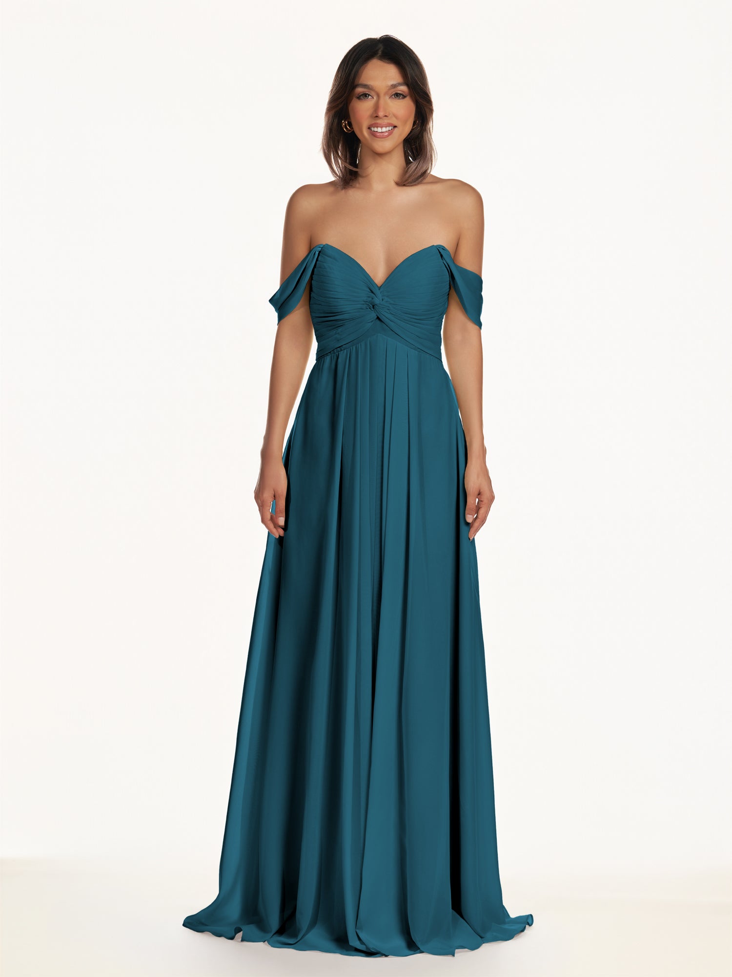 KissDress-Breona Dark Teal A Line Chiffon Off the Shoulder Twisted Long Bridesmaid Dress