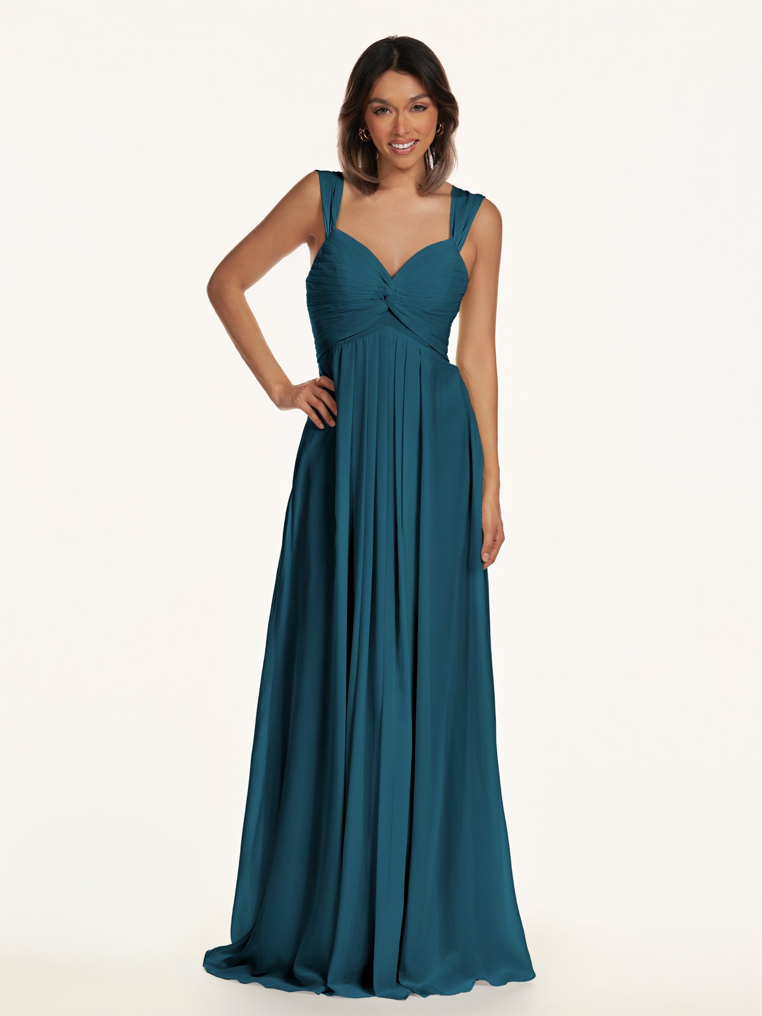 KissDress-Breona Dark Teal A Line Chiffon Off the Shoulder Twisted Long Bridesmaid Dress