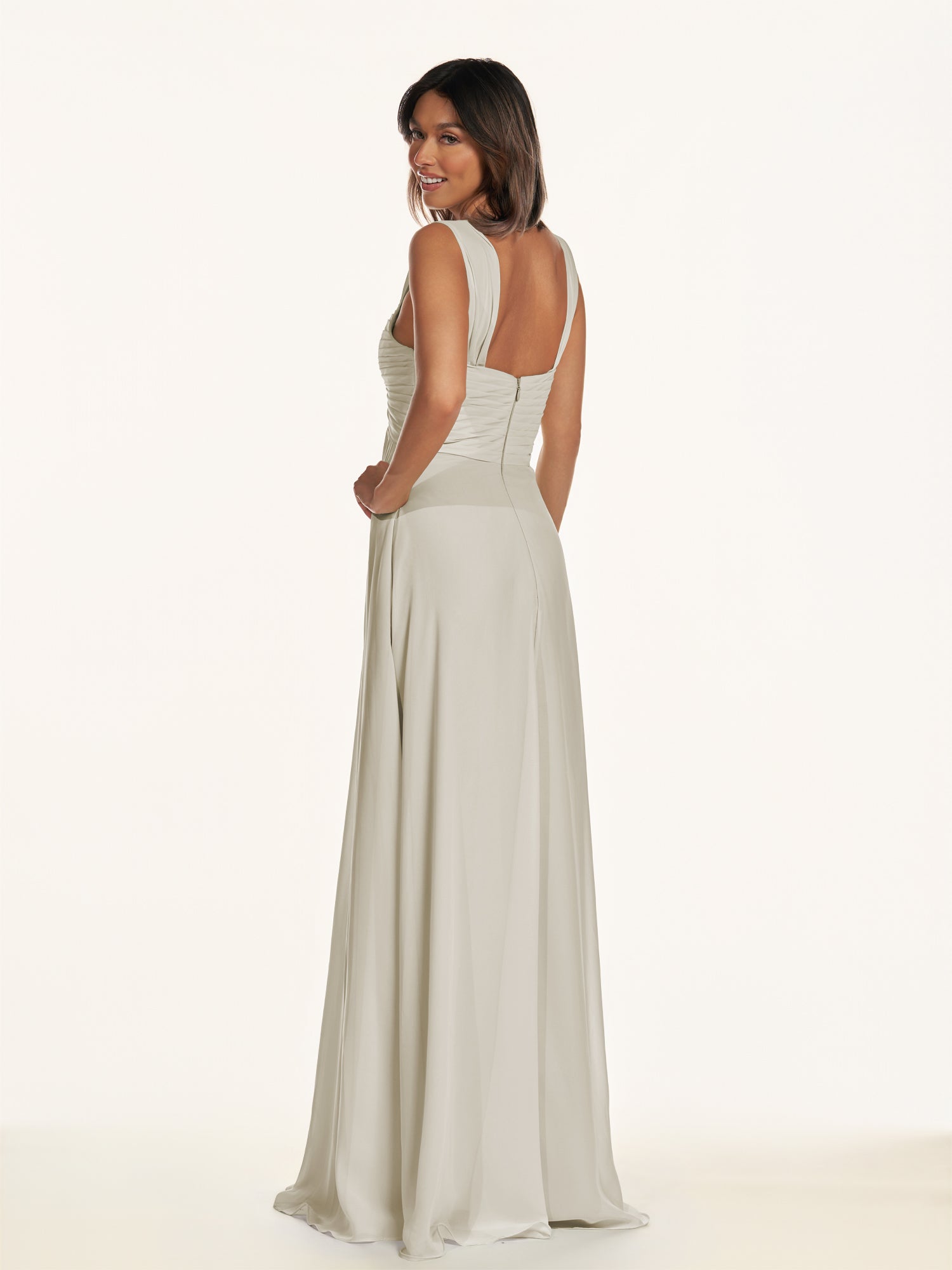 KissDress-Breona Dove Gray A Line Chiffon Off the Shoulder Twisted Long Bridesmaid Dress