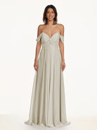 KissDress-Breona Dove Gray A Line Chiffon Off the Shoulder Twisted Long Bridesmaid Dress
