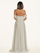 KissDress-Breona Dove Gray A Line Chiffon Off the Shoulder Twisted Long Bridesmaid Dress