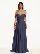 KissDress-Breona Dusk Blue A Line Chiffon Off the Shoulder Twisted Long Bridesmaid Dress