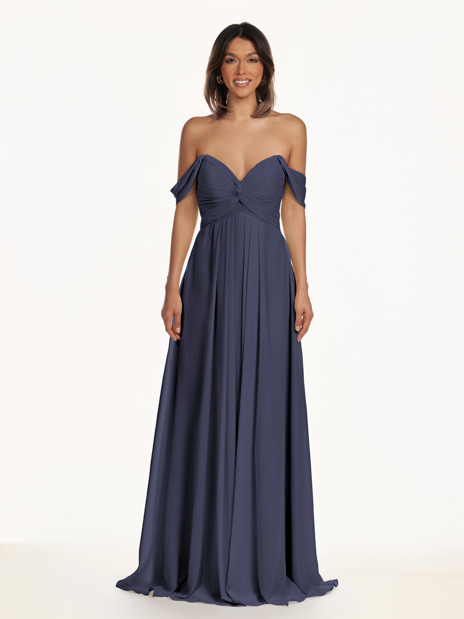 KissDress-Breona Dusk Blue A Line Chiffon Off the Shoulder Twisted Long Bridesmaid Dress