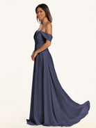 KissDress-Breona Dusk Blue A Line Chiffon Off the Shoulder Twisted Long Bridesmaid Dress