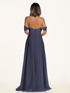 KissDress-Breona Dusk Blue A Line Chiffon Off the Shoulder Twisted Long Bridesmaid Dress