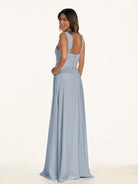 KissDress-Breona Dusty Blue A Line Chiffon Off the Shoulder Twisted Long Bridesmaid Dress