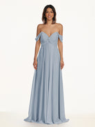KissDress-Breona Dusty Blue A Line Chiffon Off the Shoulder Twisted Long Bridesmaid Dress