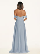 KissDress-Breona Dusty Blue A Line Chiffon Off the Shoulder Twisted Long Bridesmaid Dress