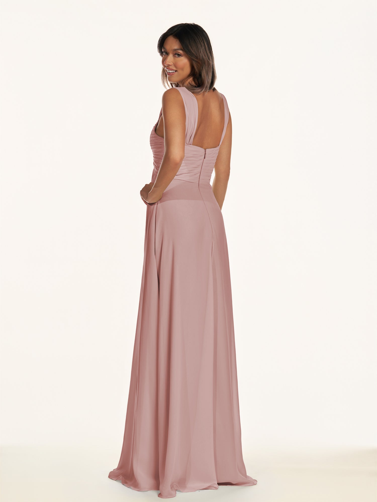 KissDress-Breona Dusty Rose A Line Chiffon Off the Shoulder Twisted Long Bridesmaid Dress