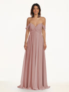 KissDress-Breona Dusty Rose A Line Chiffon Off the Shoulder Twisted Long Bridesmaid Dress