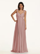 KissDress-Breona Dusty Rose A Line Chiffon Off the Shoulder Twisted Long Bridesmaid Dress