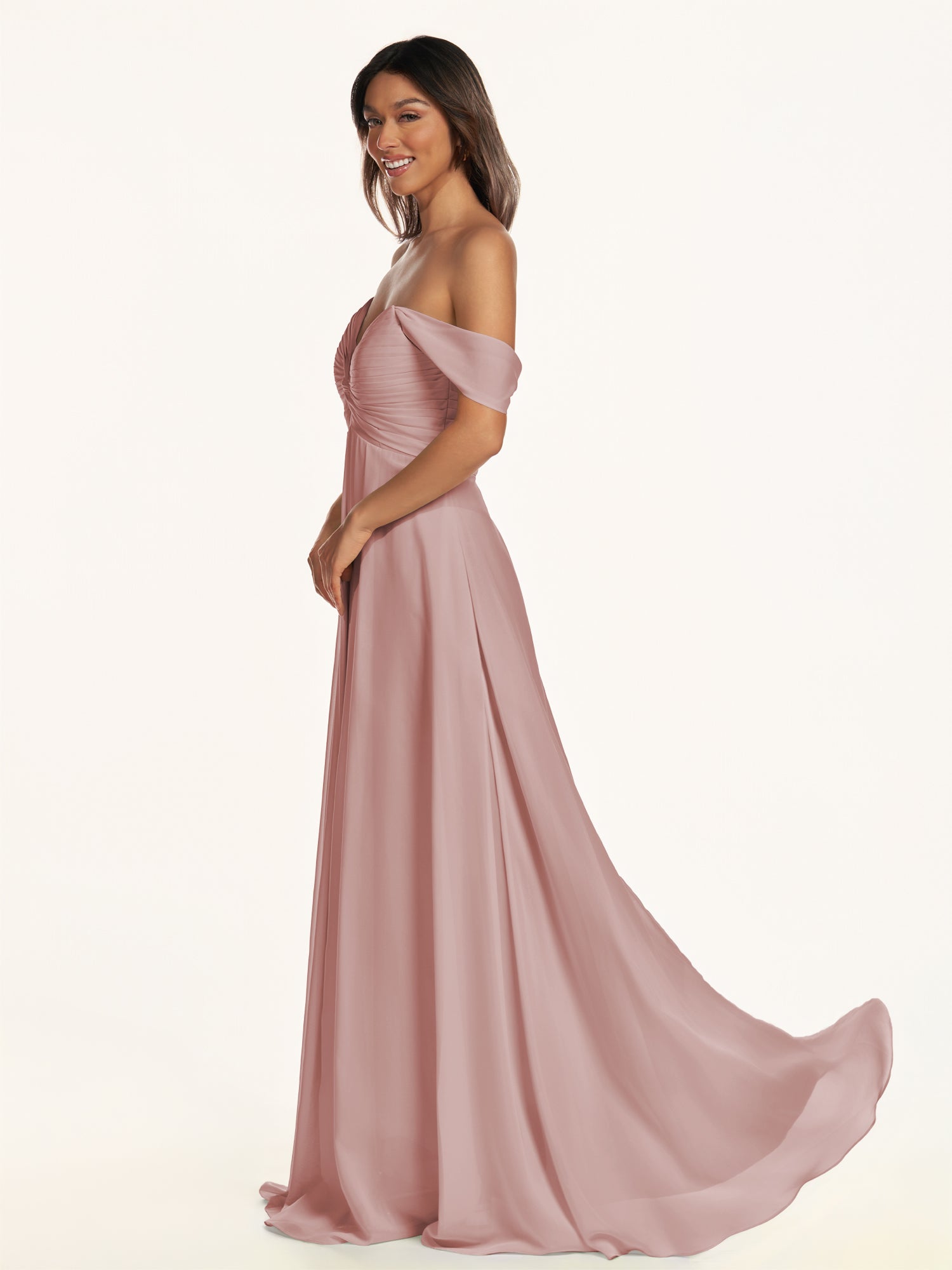 KissDress-Breona Dusty Rose A Line Chiffon Off the Shoulder Twisted Long Bridesmaid Dress