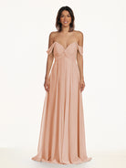 KissDress-Breona English Rose A Line Chiffon Off the Shoulder Twisted Long Bridesmaid Dress