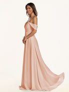 KissDress-Breona English Rose A Line Chiffon Off the Shoulder Twisted Long Bridesmaid Dress