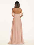 KissDress-Breona English Rose A Line Chiffon Off the Shoulder Twisted Long Bridesmaid Dress