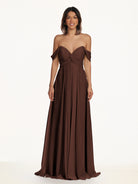 KissDress-Breona Espresso A Line Chiffon Off the Shoulder Twisted Long Bridesmaid Dress