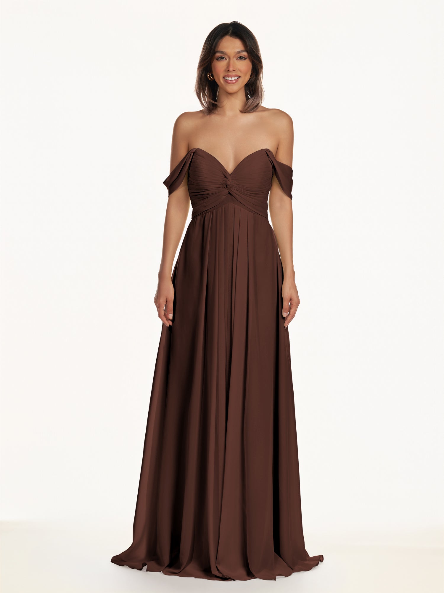 KissDress-Breona Espresso A Line Chiffon Off the Shoulder Twisted Long Bridesmaid Dress